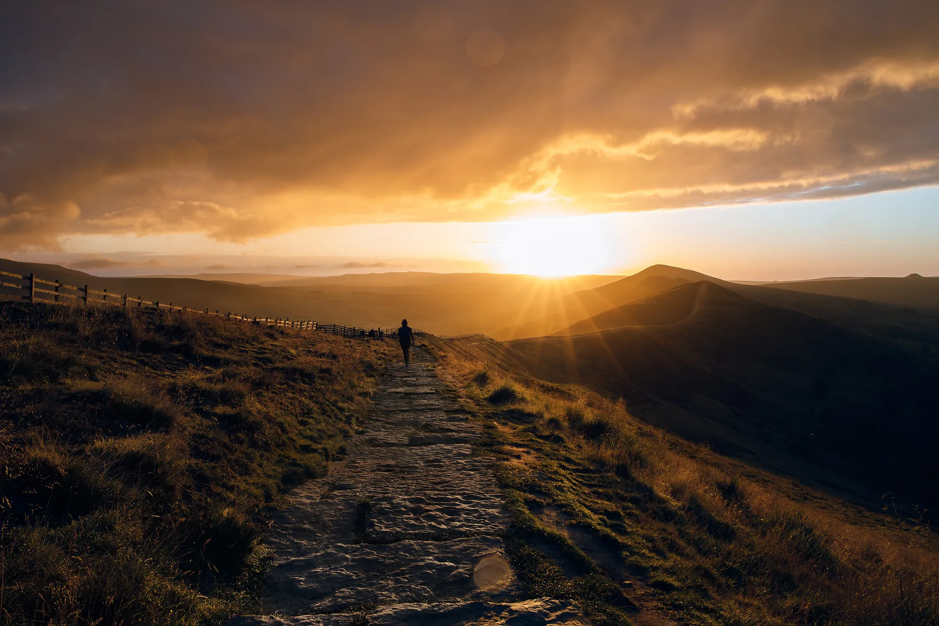 Golden sunrise light from the Mam Tor ridge