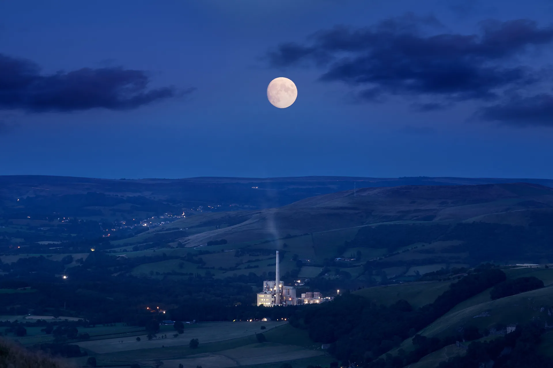 Moonlit landscape in the Peak District near Mam Tor