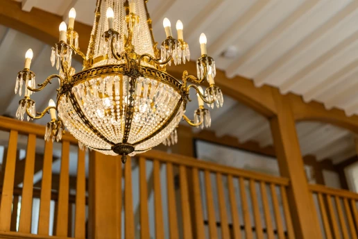 Chandelier suspended above the oak gallery at Fieldhead, Prestbury